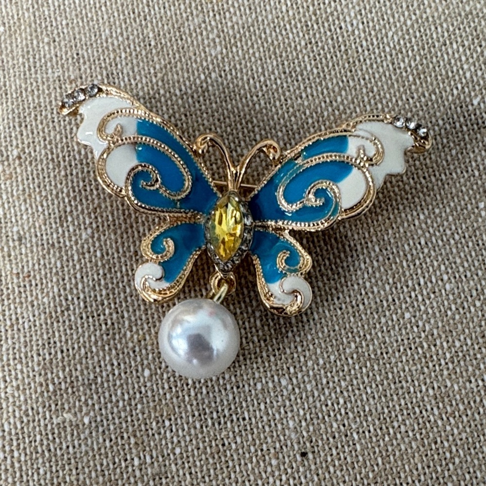 Blue and White Enamel Butterfly Brooch with Pearl Drop